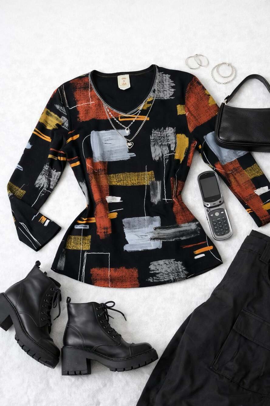 Y2K Abstract Print Fitted Top Black Red Mustard Long Sleeve Artsy‎ Grunge Chic